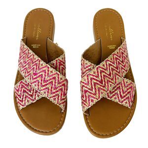 Avellini Cross Strap Woven Flats Sandals Braided Raffia Tan Pink Slides sz 7.5